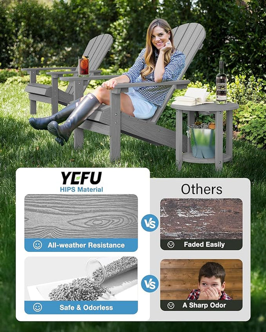 YEFU 3-Piece Adirondack Chair and Table Set: Outdoor Lounge Furniture Set - Outdoor Chair Plastic Weather Resistant with Wide Armrests for Patio Lawn Pool Porch Garden(Grey