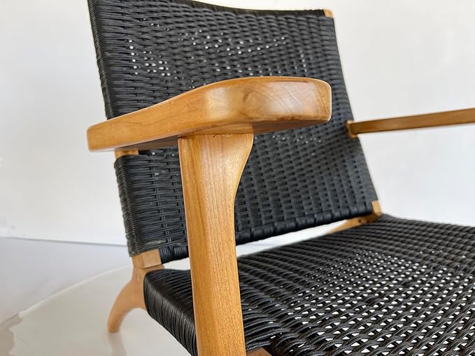 Indonesian Grade A Teak Wood Monterey Club Lounge Chair. Midcentury Modern Comfortable Design Chair Double handweaved Rope. Backyard, Poolside, Balcony Living Room. (Black)