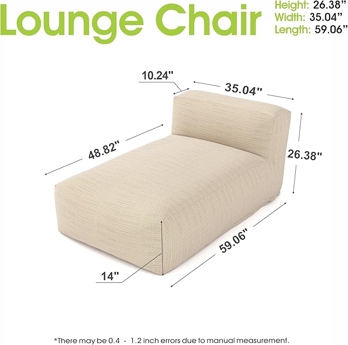 Dineli Chaise Lounge Chair Outdoor Bed Lounger Couch Sofa for Pool Comfy Patio Furniture Foam Filling Lazy Sofa for Outside, Water-Resistant Sunbed, Light Orange, 59'' Length