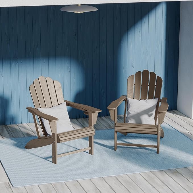 Costaelm Lakeview Outdoor Patio HDPE Adirondack Chairs with Cup Holders (Set of 2), Weathered Wood