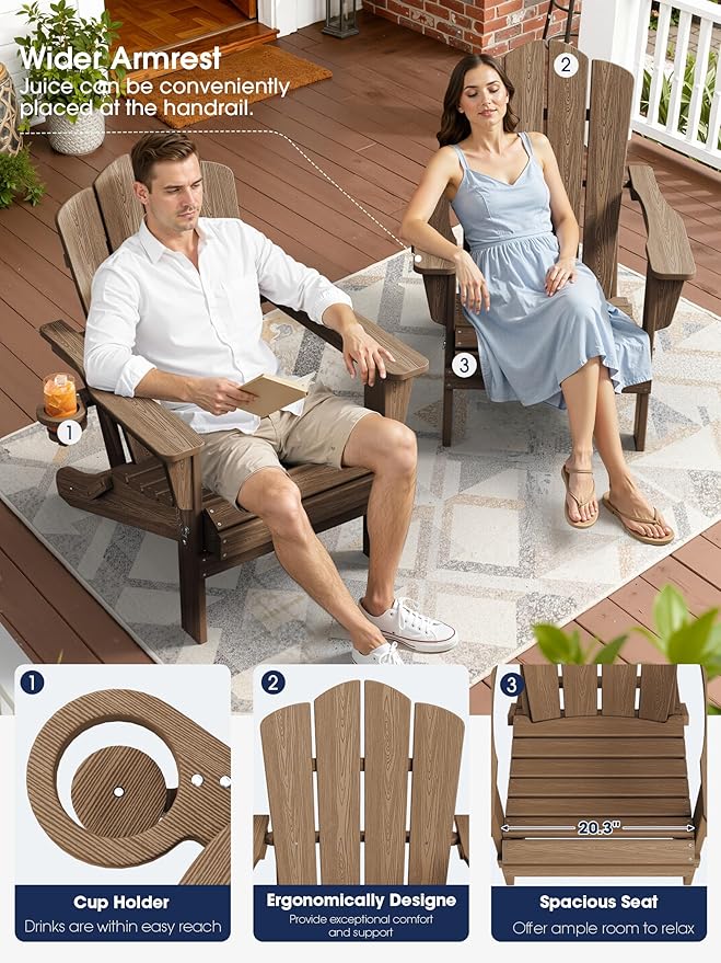 KINGYES Folding Adirondack Chair Set of 8, HDPE All-Weather Patio Chairs with Cup Holder, Wooden Textured Fire Pit Chairs for Poolside, Backyard, Deck, Brown