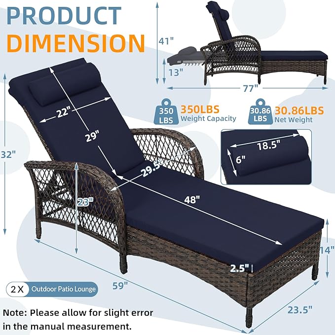 Outdoor Chaise Lounge Chair Set of 2, PE Wicker Recliner Patio Reclining Sunbathing Chair with Cushion - Photo 2