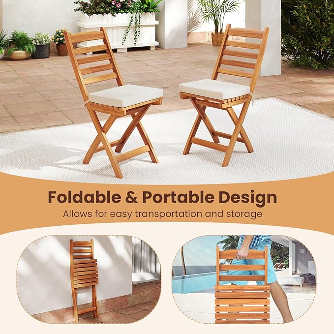 HAPPYGRILL Folding Patio Chairs Set Acacia Wood Outdoor Dining Chairs with Slatted Backrests and Soft Seat Cushions for Porch, Backyard and Garden, 400 LBS Weight Capacity (4,Back Style A)