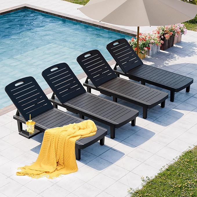 Outdoor Chaise Lounge Set of 4, Waterproof Pool Lounge Chairs for Outside w/5 Positions Recliner Chair for Patio, Poolside, Beach,All Weather Use, Black