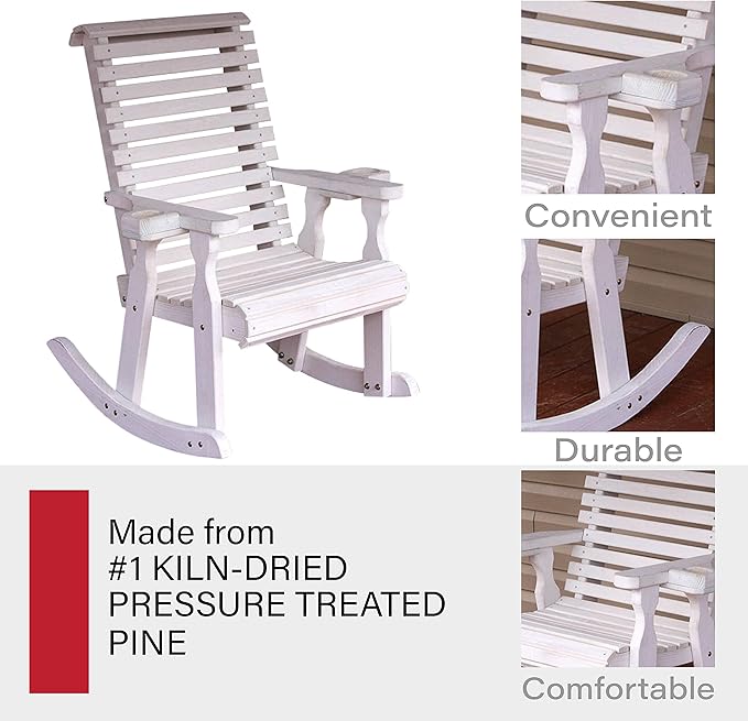 Amish Heavy Duty 600 Lb Roll Back Pressure Treated Rocking Chair with Cupholders (Semi-Solid White Stain)