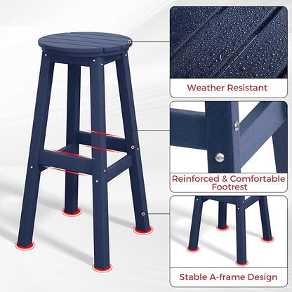 Costaelm 29" Height Outdoor Bar Stools, All-Weather Bar Stools, Adirondack Poly Patio Round Bar Stool for Patio, Deck, Kitchen Counter and Garden, Navy Blue