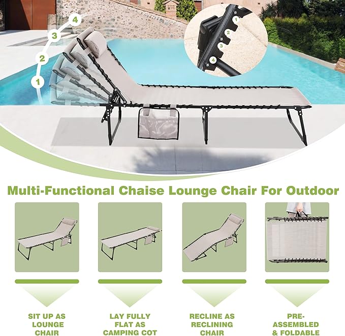 2 Pack Outdoor Foldable Chaise Lounge Chair with Detachable Pillow & Pocket - Photo 7
