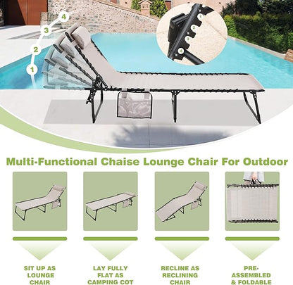 BlueWish 2 Pack Folding Lounge Chair, Patio Chaise Lounges with Powder-Coated Steel Frame, Outdoor Lounge Chairs with Adjustable Backrest for Poolside, Beach, Garden, Beige