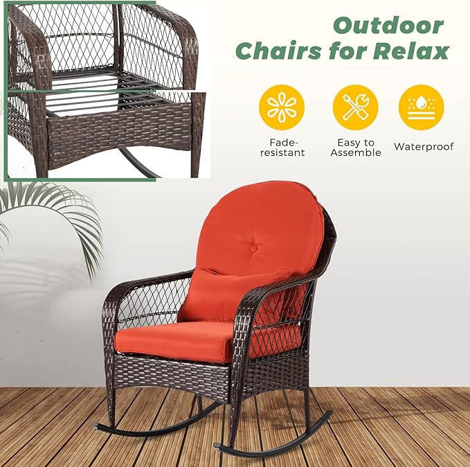 LVUYOYO Outdoor Wicker Rocking Chair, Patio Rattan Rocker Chair with Cushions, Rocking Wicker Furniture for Deck, Porch, Garden, Backyard (Orange Red)