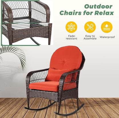LVUYOYO Outdoor Wicker Rocking Chair, Patio Rattan Rocker Chair with Cushions, Rocking Wicker Furniture for Deck, Porch, Garden, Backyard (Orange Red)