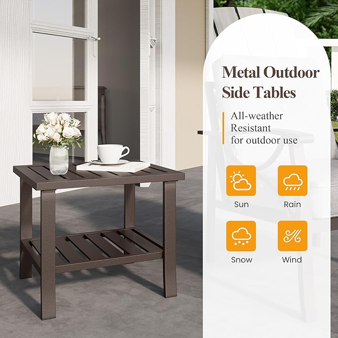 Kiss the Water Metal Square Side Table, 2-Tier Outdoor Coffee Table, All-Weather Outdoor Side Table for Patio End Porch Backyard Garden, Khaki