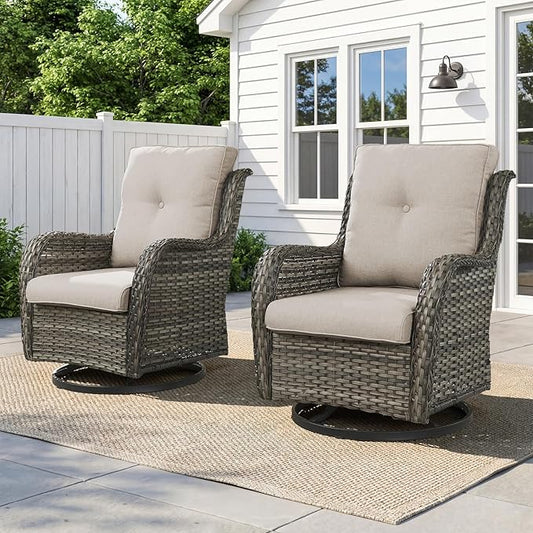 Belord Outdoor Swivel Chairs Set of 2,Patio Wicker Rocker Chairs,All Weather Patio Conversation Furniture Set, Ideal for Porch Balcony Deck Yard, Gray Wicker/Beige