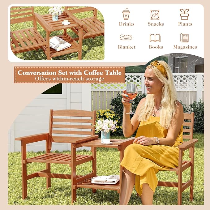 Tangkula Outdoor Patio Loveseat with Table, Wood 2-Seat Conversation Set with Coffee Table and Umbrella Hole - Photo 7