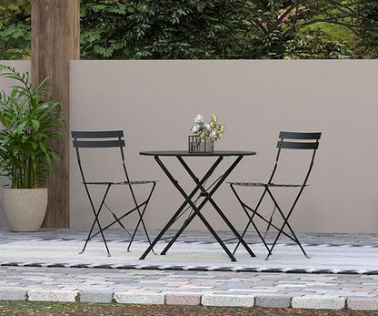 Carolina Chair & Table Bistro Set of 2 Foldable Outdoor Chairs - Elegant Powder Coated Metal Seat and Frame Folding Chairs - Modern Style Space Saving Furniture for Patio, Balcony or Garden (Black)
