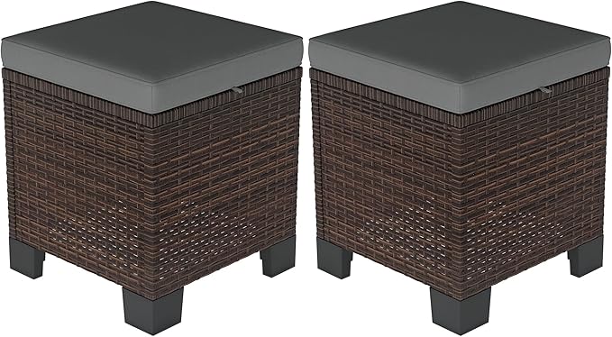 Outsunny 2 Pieces Outdoor Patio Ottomans, All Weather Wicker Outdoor Footstools with Removable Cushions, 3-in-1 PE Rattan Ottoman Seat, Footrest and Side Table for Backyard, Poolside, Gray