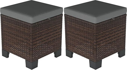 Outsunny 2 Pieces Outdoor Patio Ottomans, All Weather Wicker Outdoor Footstools with Removable Cushions, 3-in-1 PE Rattan Ottoman Seat, Footrest and Side Table for Backyard, Poolside, Gray