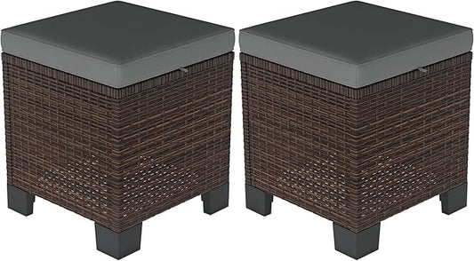 Outsunny 2 Pieces Outdoor Patio Ottomans, All Weather Wicker Outdoor Footstools with Removable Cushions, 3-in-1 PE Rattan Ottoman Seat, Footrest and Side Table for Backyard, Poolside, Gray
