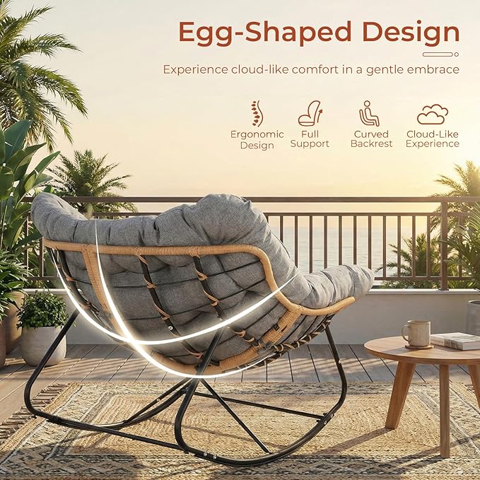 TLSUNNY Outdoor Papasan Rocking Chair, Oversized Padded Lounge Rocker with Cushion, Comfy Wicker Egg Lounge Chair, Large Indoor Rocking Recliner for Living Room/Porch/Garden (Dark Grey)