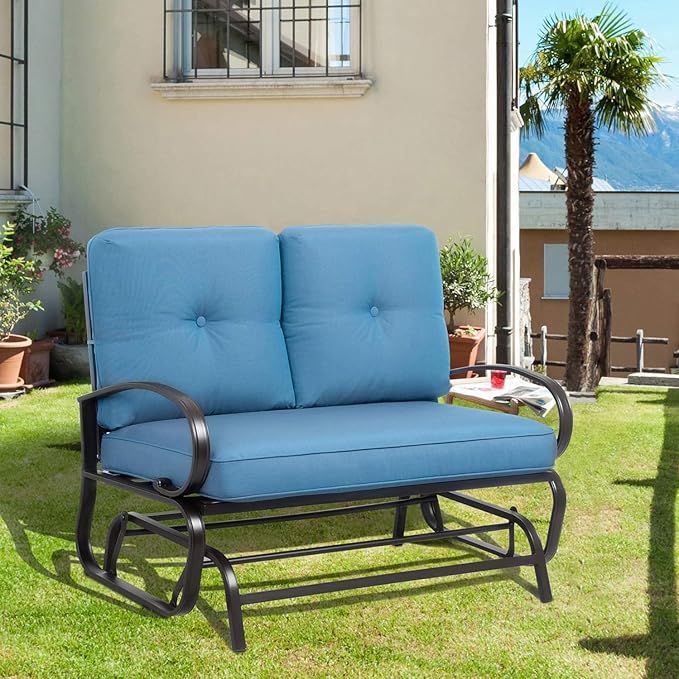JY QAQA Patio Outdoor Metal Gliders Rocking Bench, Garden Porch Furniture Glider, Wrought Iron Chair Set with Cushion - Photo 2