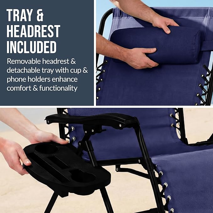 Best Choice Products Set of 2 Extra Wide Adjustable Steel Mesh Zero Gravity Lounge Chair Recliners w/Pillows and Cup Holder Trays - Navy