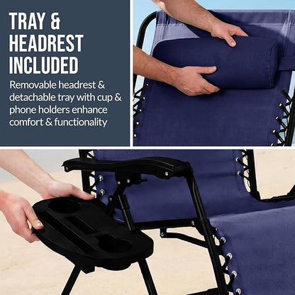 Best Choice Products Set of 2 Extra Wide Adjustable Steel Mesh Zero Gravity Lounge Chair Recliners w/Pillows and Cup Holder Trays - Navy