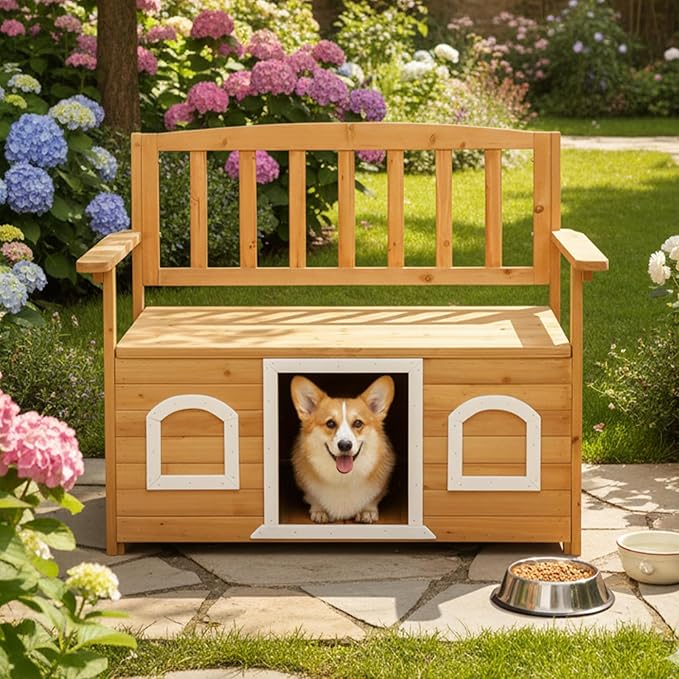 VINGLI Outdoor Storage Bench with Built-in Dog House - Photo 8