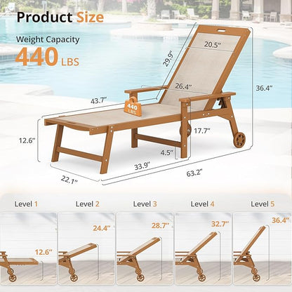 LUE BONA Chaise Lounge Chair Outdoor Set of 4, HDPS and HDPE Wicker Chaise Lounger with 5 Positions, Pool Lounge Chairs with Wheels and Adjustable Backrest for Patio, Poolside, Deck, Backyard