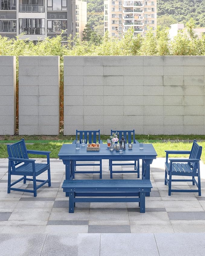 HDPE Outdoor Dining Set of 6, Patio Dining Table Set with 4 Chairs and 1 Bench - Photo 2