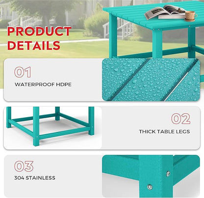 Costaelm Patio Conversation Table, Tatio Accent HDPE Outdoor Weather Resistant, Square Outdoor Porch Balcony Patio Drink Table for Outside, Pool, Backyard, Turquoise