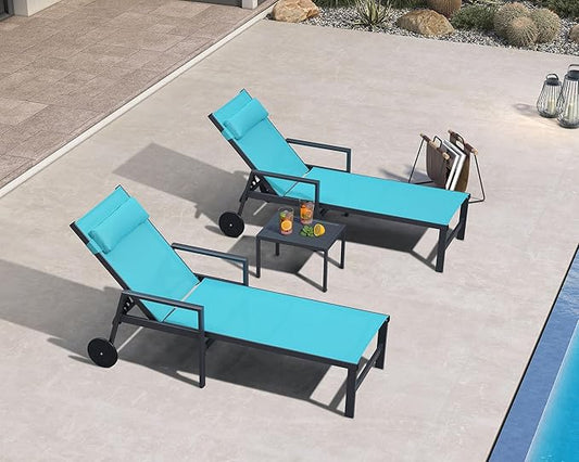 PURPLE LEAF Patio Lounge Chair Set Outdoor Chaise Lounger Aluminum Frame with Armrest 2 Side Table and Wheels for Pool Outside Sunbathing Tanning Recliner Including Pillows Turquoise Blue