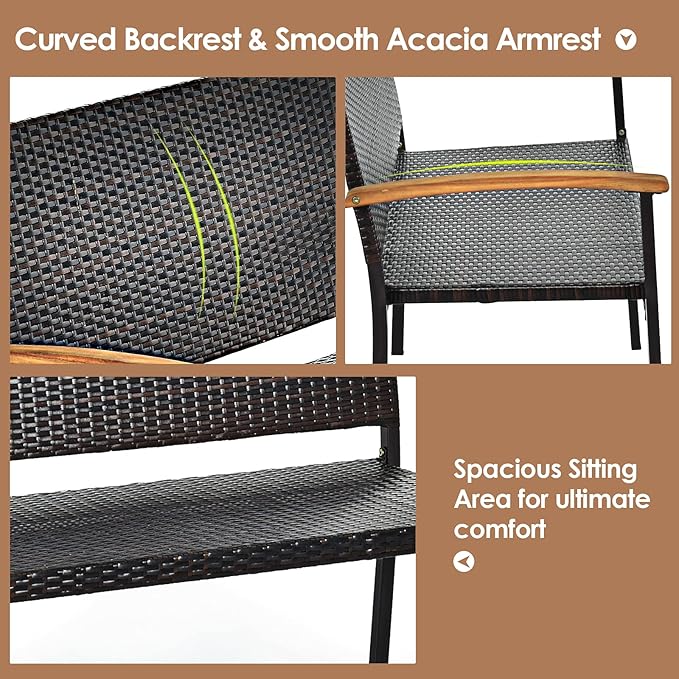 Tangkula 2 Pieces Patio Wicker Bench, All Weather Rattan Bench w/Acacia Wood Armrest, Outdoor Loveseat Chair, Lightweight Patio Stackable Dining Bench for Front Porch, Backyard, Garden, Pool, Deck
