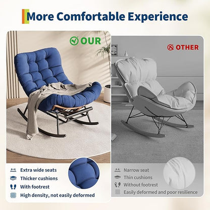 Outdoor Rocking Chair with Footrest, Oversized Patio Papasan Chairs with Cushion, Modern Lounge Rocker Chair for Indoor Living Room Garden Porch Balcony, Blue