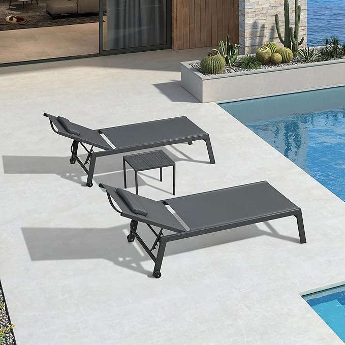 PURPLE LEAF Outdoor Oversized Lounge Chair Set of 3 Patio Chaise Pool Lounger Aluminum Frame with Side Table and Wheels - Photo 1