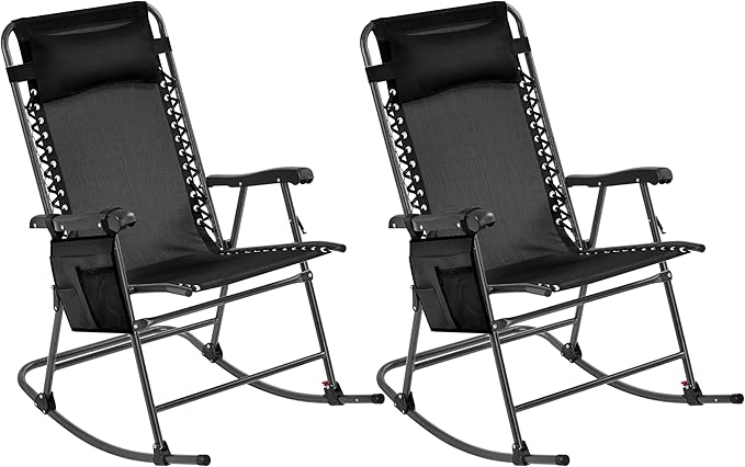 Yaheetech 26in Rocking Chair Outdoor Zero Gravity Folding Chairs Rocking Chairs Foldable Outdoor Lounge Chair for Outside Lawn with Phone Holder/Pillow Ergonomic Design for Rest, Black, Set of 2