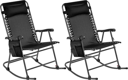 Yaheetech 26in Rocking Chair Outdoor Zero Gravity Folding Chairs Rocking Chairs Foldable Outdoor Lounge Chair for Outside Lawn with Phone Holder/Pillow Ergonomic Design for Rest, Black, Set of 2