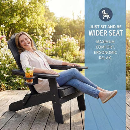 JEKO&JEKO Folding Adirondack Chair, All-Weather Outdoor Chair with Cup Holder, Plastic Adirondack Chair for Patio, Garden, Lawn, Porch, Deck, Backyard – Black