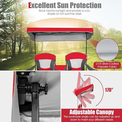 S AFSTAR Double Camping Chair w/Shade Canopy, 2-Person Folding Camp and Beach Chair with Mini Table Beverage Cup Holder Carrying Bag, Collapsible Camping Chairs for Garden Patio Pool Beach
