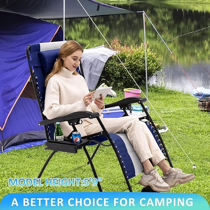 Amopatio Padded Oversized Zero Gravity Chair with Cup Holder, 33" Wide Folding Camping Reclining Lounge Chair with Headrest/Footrest/Cushion for Indoor and Outdoor, Support 500LBS, Off White