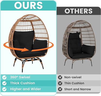 Oversized 360° Swivel Rattan Egg Chair for Adult, Indoor Outdoor Patio Large Wicker Egg Chair with Overstuffed Cushions, 440lb Weight Capacity, Natural Rattan with Black Cushion