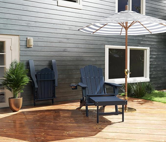 FOOWIN Adjustable Adirondack Chair with Retractable Ottoman, Folding Adirondack Chair with Cup Holder, HDPE All-Weather Fire Pit Chair for Patio, Yard, Poolside, Navy Blue