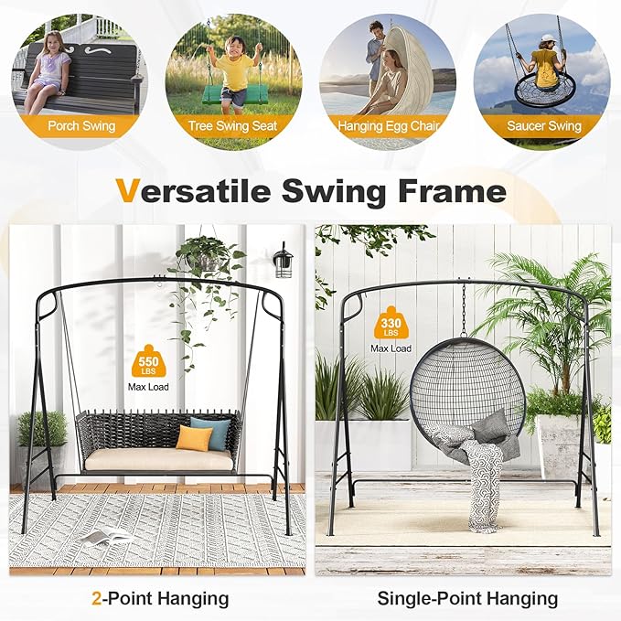 Tangkula Metal Swing Frame, Porch Swing Stand with Extra Side Bars, 3-Ring Design, Heavy Duty Swing Frame Outdoor for Swing, Hammock, A-Frame Swing Stand Frame Outdoor for Lawn, Garden, Backyard
