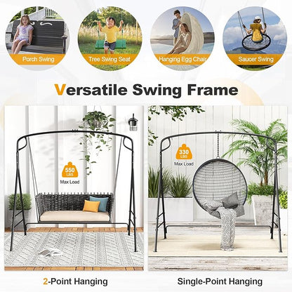 Tangkula Metal Swing Frame, Porch Swing Stand with Extra Side Bars, 3-Ring Design, Heavy Duty Swing Frame Outdoor for Swing, Hammock, A-Frame Swing Stand Frame Outdoor for Lawn, Garden, Backyard