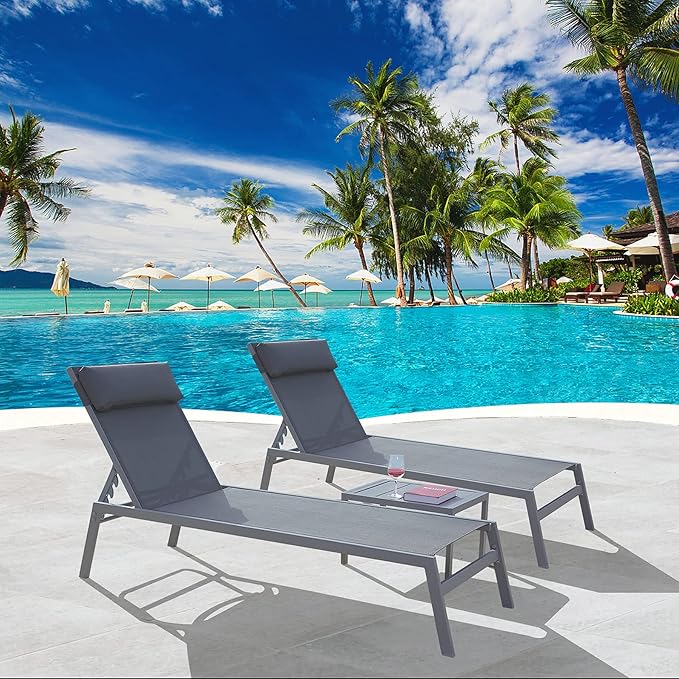 Domi Patio Chaise Lounge Set, Classic Pool Lounge Chairs with 5 Adjustable Posation, Breathable Textilene Fabric, Headrest and Table, Steel Frame Pool Chairs, Grey