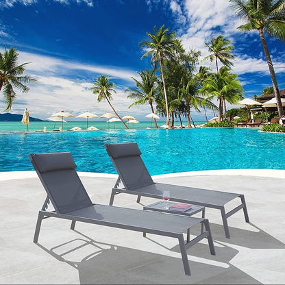 Domi Patio Chaise Lounge Set, Classic Pool Lounge Chairs with 5 Adjustable Posation, Breathable Textilene Fabric, Headrest and Table, Steel Frame Pool Chairs, Grey
