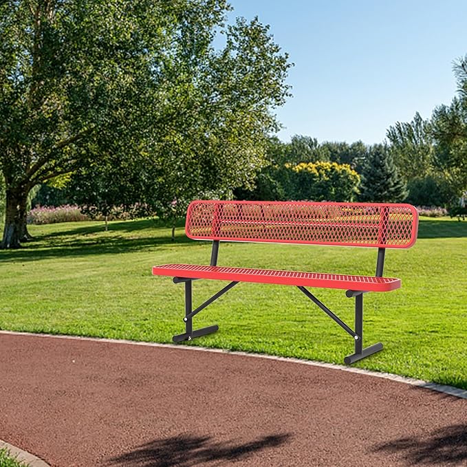4/6/8 Feet Park Bench for Outside Heavy Duty Metal, Garden Benches Outdoor Bench with Backrest & Portable Frame, for Shopping Malls Stores Parks Patios Decks, Red