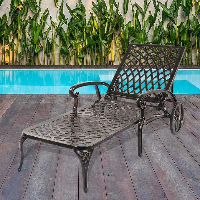 Cast Aluminum Outdoor Chaise Lounge Chair with Wheels, Patio Chaise Lounge with 3-Position Adjustable Backrest, Outdoor Tanning Chair Patio Lounge Chair (Brown)
