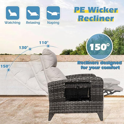 Upgraded Outdoor Recliner Chair, Reclining Patio Chairs with Adjustable Back up to 150°Lay Flat and Extended Footrest, Wicker Recliner Chairs with Flip Table and Removable Olefin Cushion