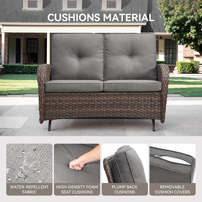 Patio Loveseat Wicker Loveseat Rattan Glider Sofa with Curved Armrest Thicking Back & Seat Cushions for Garden Balcony - Photo 5