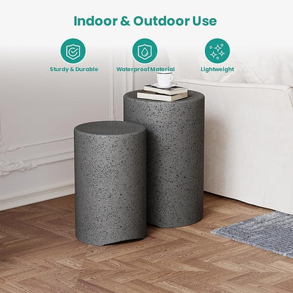 SUNBURY Concrete Side Table Set of 2, Outdoor Side Table Nesting for Patio, Outdoor Accent End Patio in Spotted, Ceramic Garden Stool for Yard, Pool, Round, Dark Grey