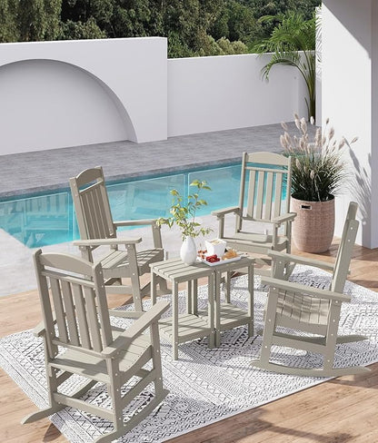 FOOWIN Outdoor Rocking Chair, High Back Patio Rocking Chair, HDPE All Weather Resistant Porch Rocker for Adult, Oversized Rocking Chairs for Garden, Lawn, Indoor & Outdoor Use, Sand